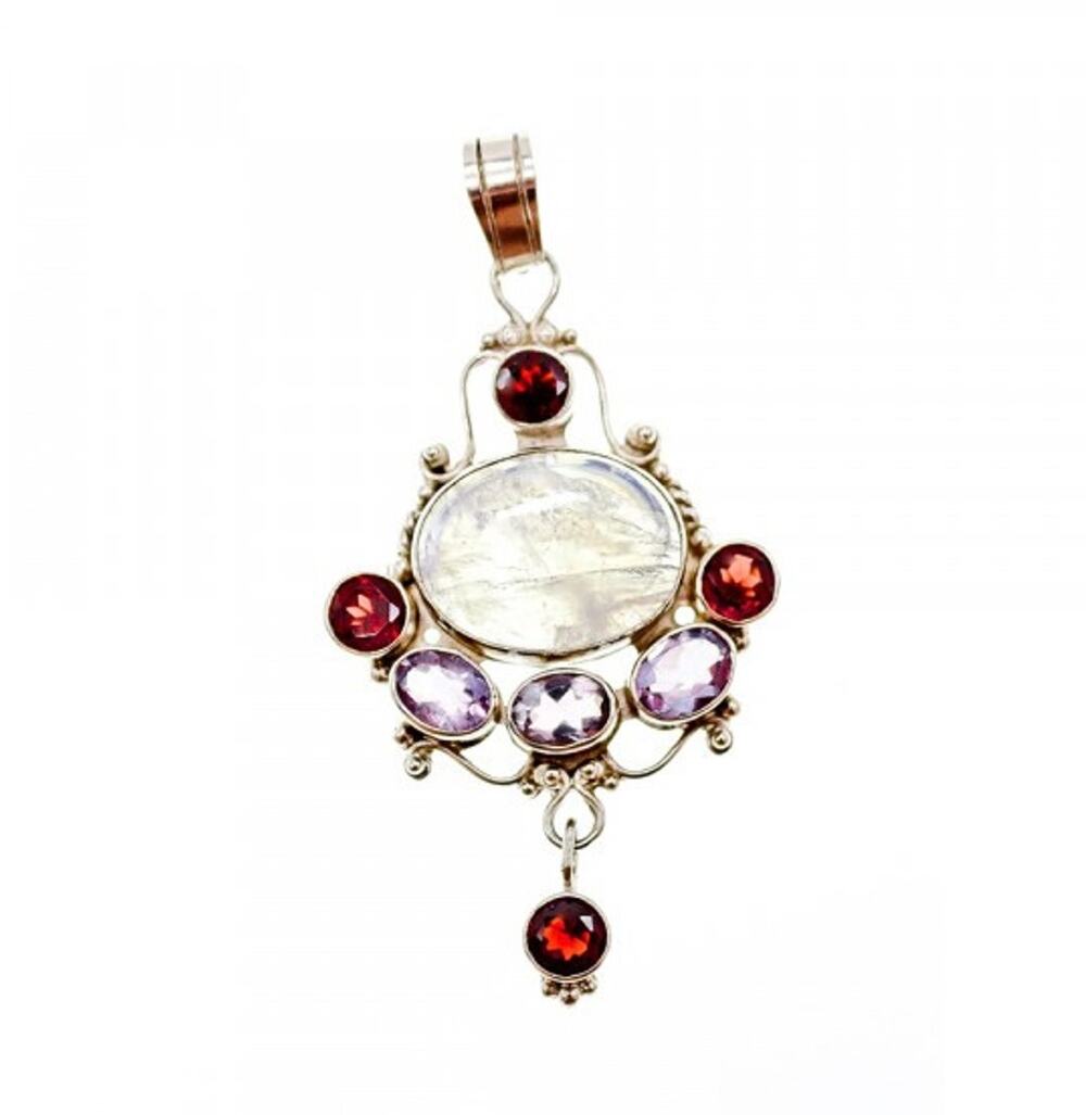 925 Sterling Silver Moonstone, Amethyst & Garnet Pendant